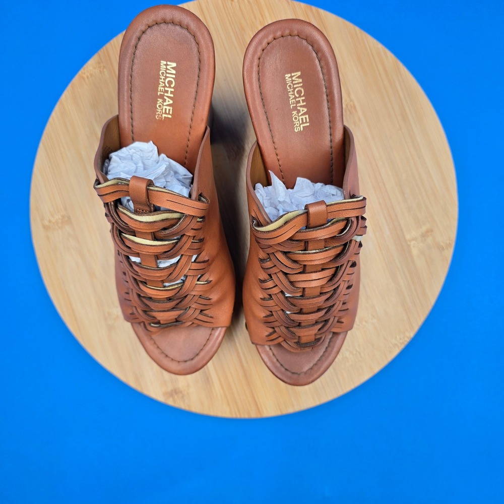 Michael Kors Woven Leather Studded Platform Clog Mules Tan Brown 7.5M PW16C - Picture 3 of 8